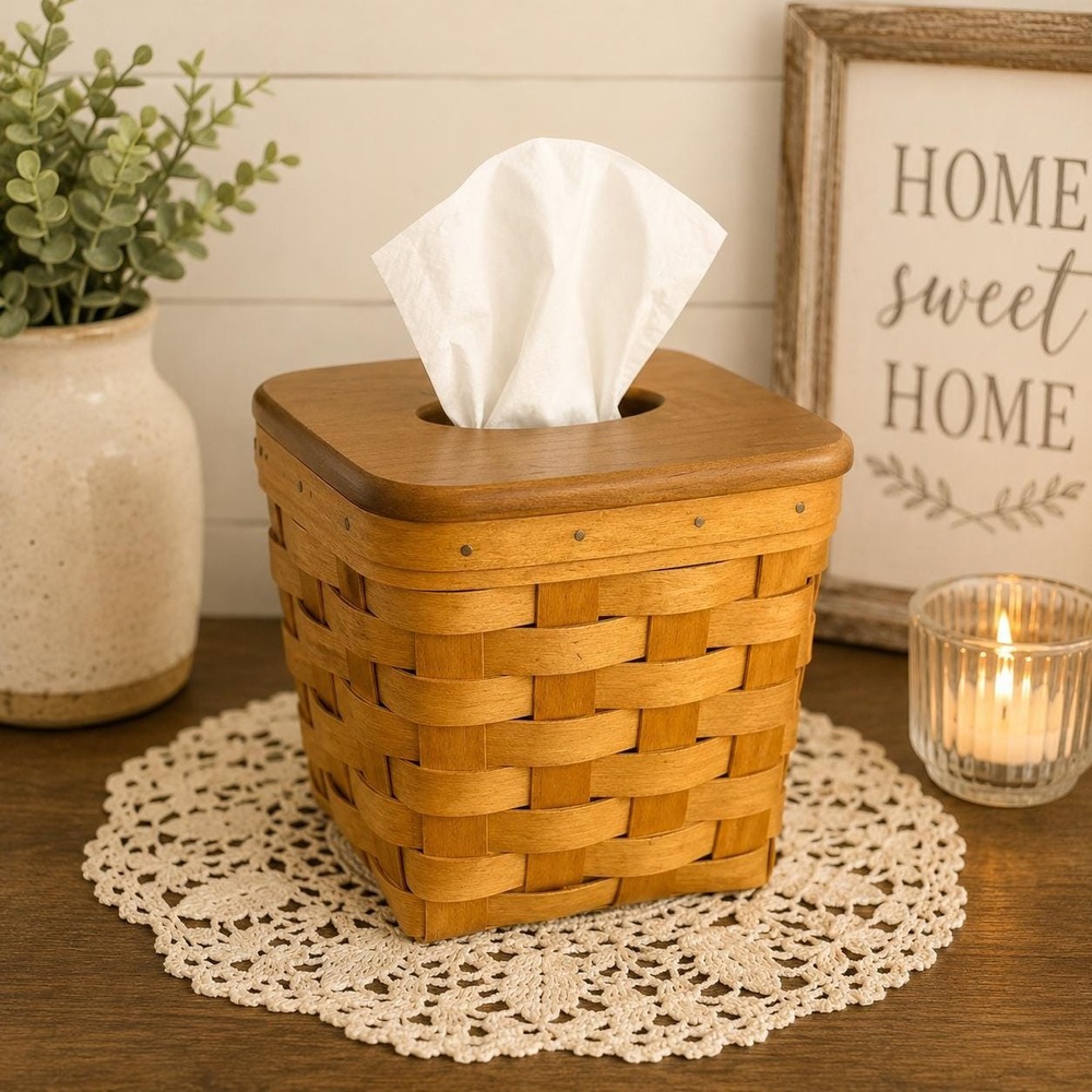 Longaberger Tissue Basket with Wood Lid Vintage Woven Basket Tissue Box Cover